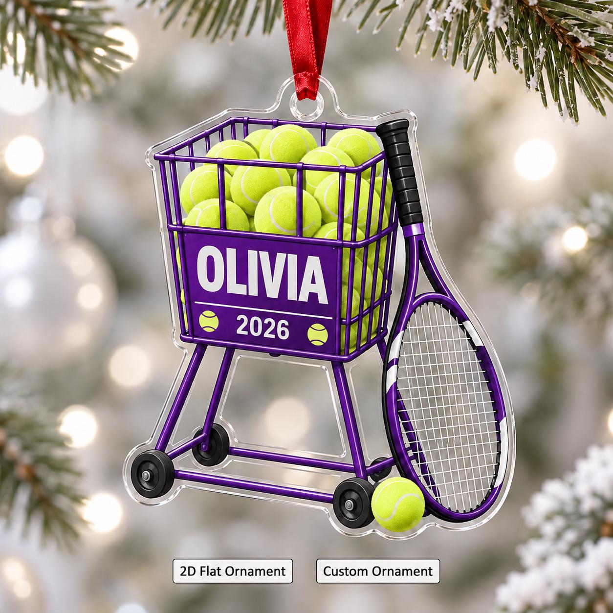 Personalized Tennis Ball Cart Christmas Ornament – Custom Name 2026 | Acrylic Keepsake Gift For Tennis Coach & Player