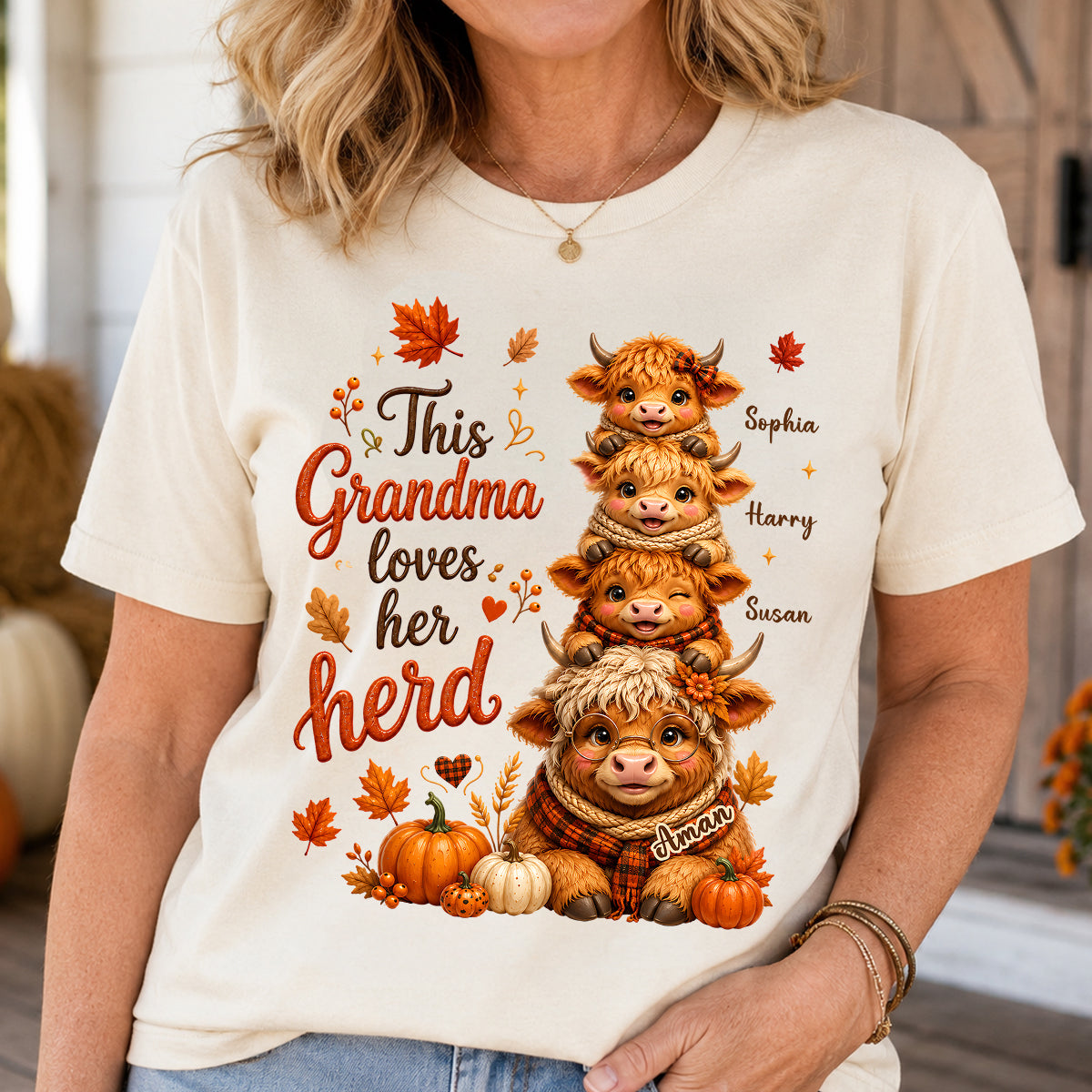 Personalized Grandma & Grandkids Highland Cow T-Shirt – Gift For Grandma
