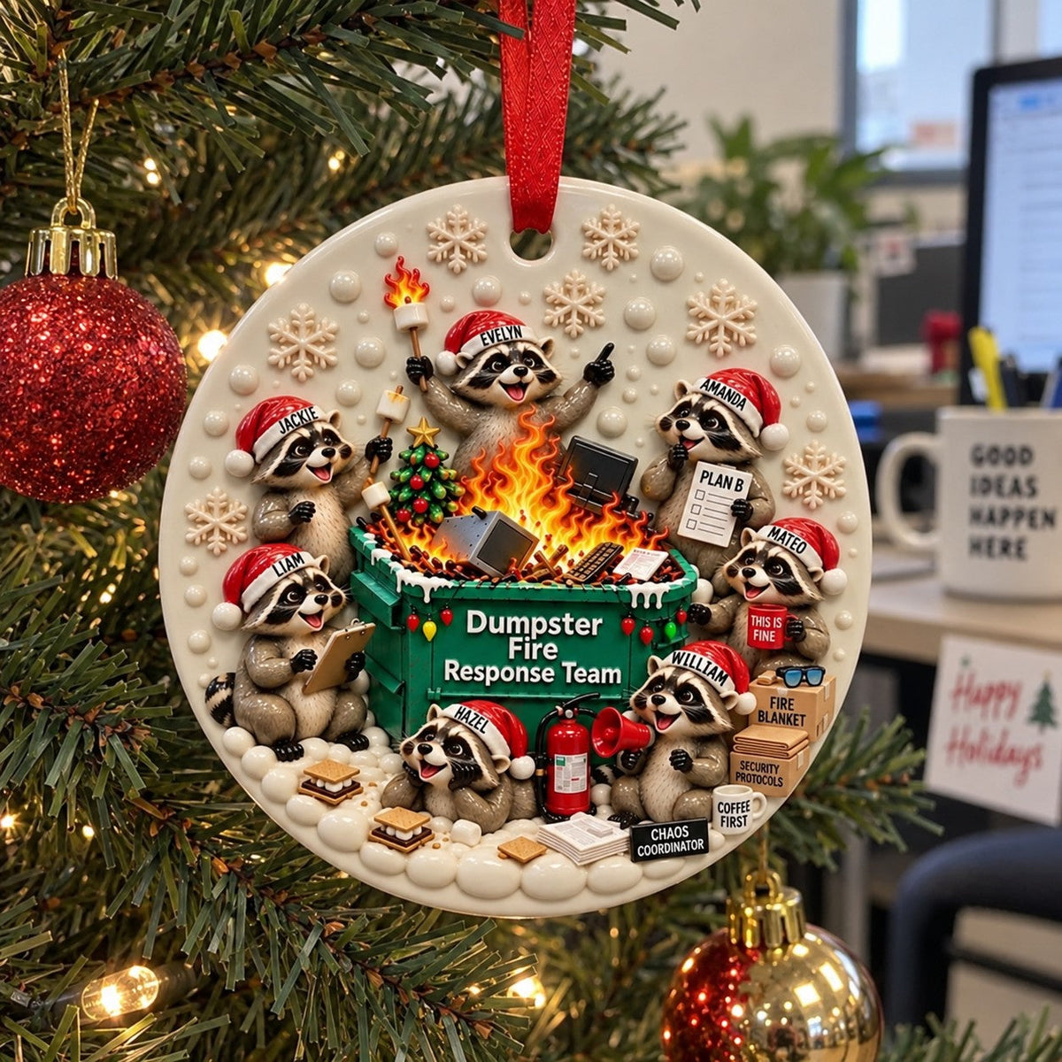 Personalized Dumpster Fire Response Team Ceramic Ornament – Custom 10 Names Raccoon Keepsake | Coworker, Work Bestie & Secret Santa Gift