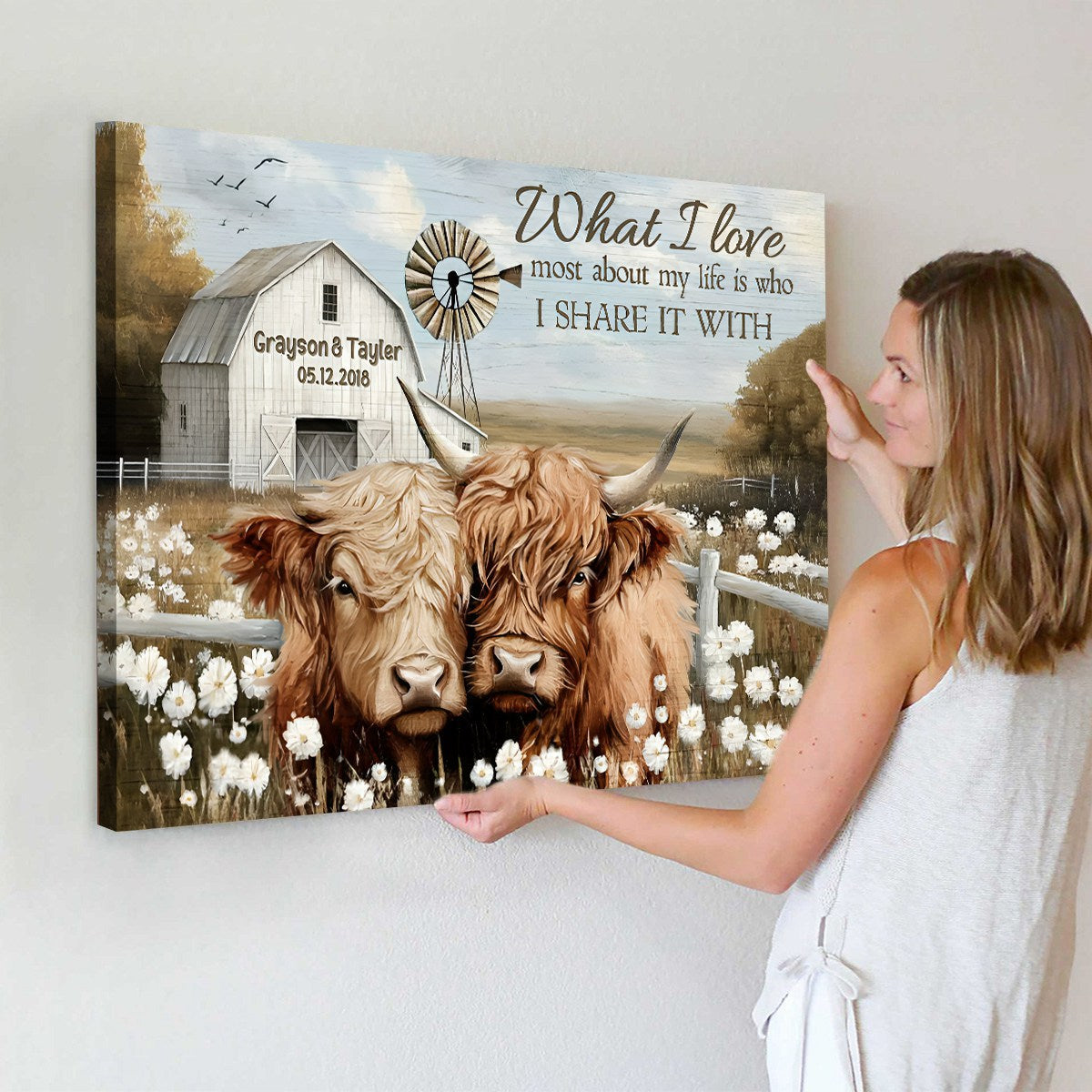Farmhouse Highland Cow Wall Art Canvas Poster Personalized Couple Anniversary Decor Gift