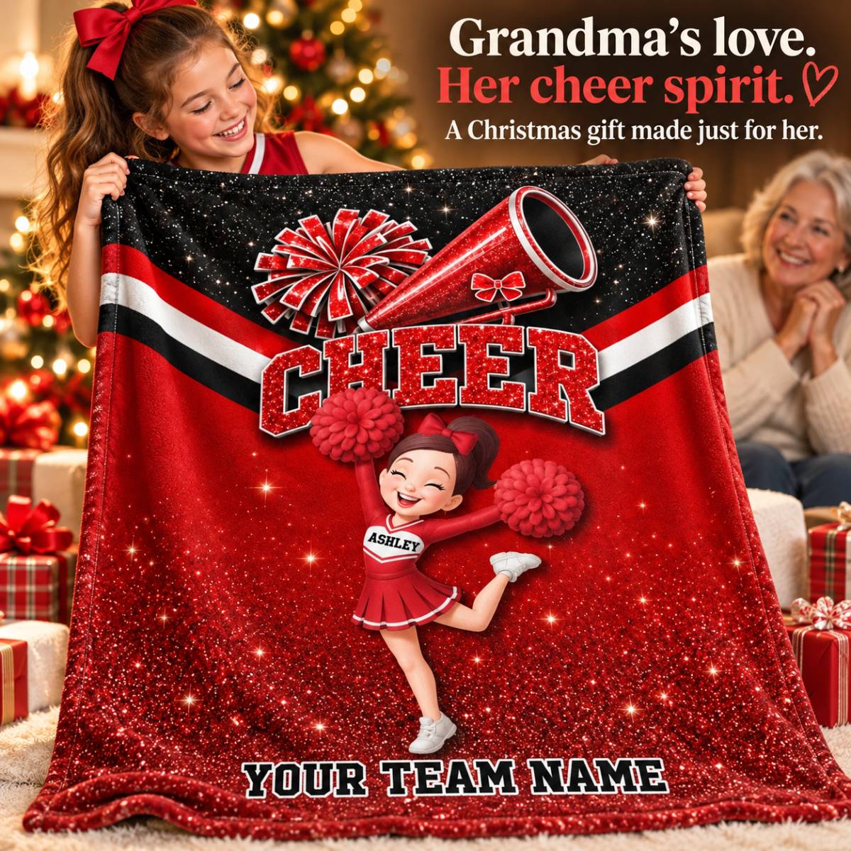 Proud Cheerleader – Personalized Fleece Blanket with Custom Name & Team Name | Christmas Gift For Daughters, Granddaughters & Cheerleaders