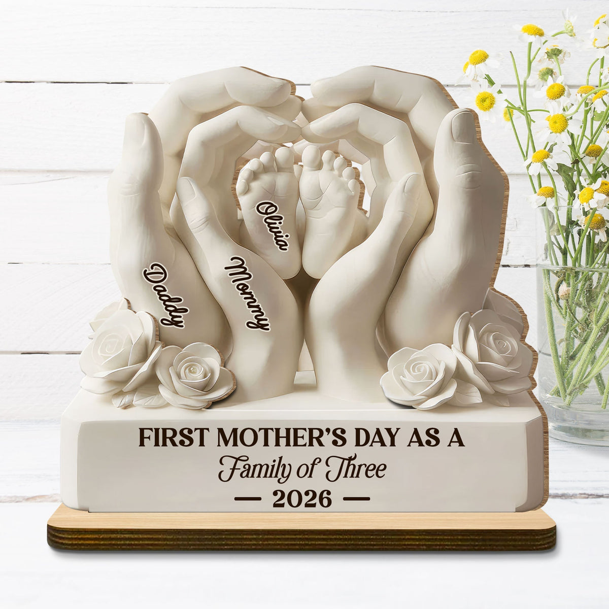 First Mother's Day As A Family Of Three, Personalized Custom 2-Layer Wood Plaque, Gift For Mom