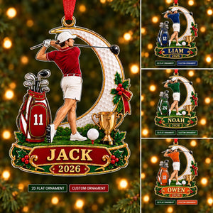 Personalized Male Golfer Christmas Ornament 2026 – Custom Name & Number Acrylic Keepsake | Golf Gift For Him