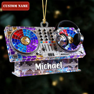 Custom Name Disc Jokey Stained Glass Effect Acrylic Christmas Ornament, Gift For DJ