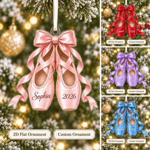 Personalized Ballet Pointe Shoes Christmas Ornament 2026 – Custom Name, Bow & Ribbon Acrylic Keepsake | Ballerina Recital Gift