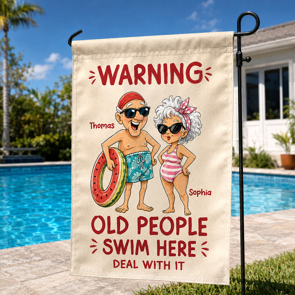 Funny Vintage Pool Decor – Personalized "Warning: Old People Swim Here" Pool Flag