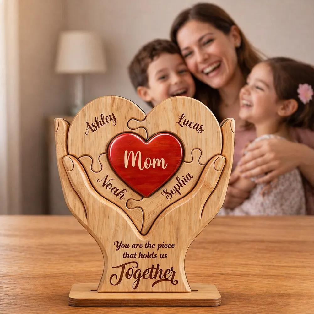 Personalized "Mom, the Piece That Holds Us Together" Wooden Plaque – Mother's Day Gift For Mom & Wife