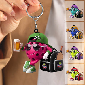 Post‑Game Beer Toast With Bag Design Keychain - Personalized Cool Pickleball Ball Mascot Keychain