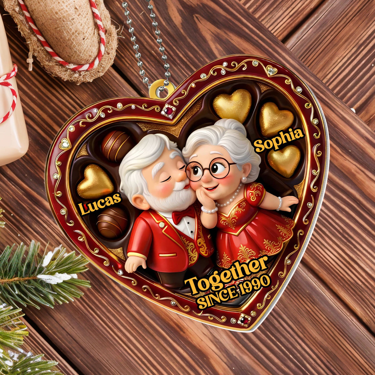 "Together Since [Year]" Heart Ornament With Elderly Couple – Personalized Gift For Grandparents & Couples