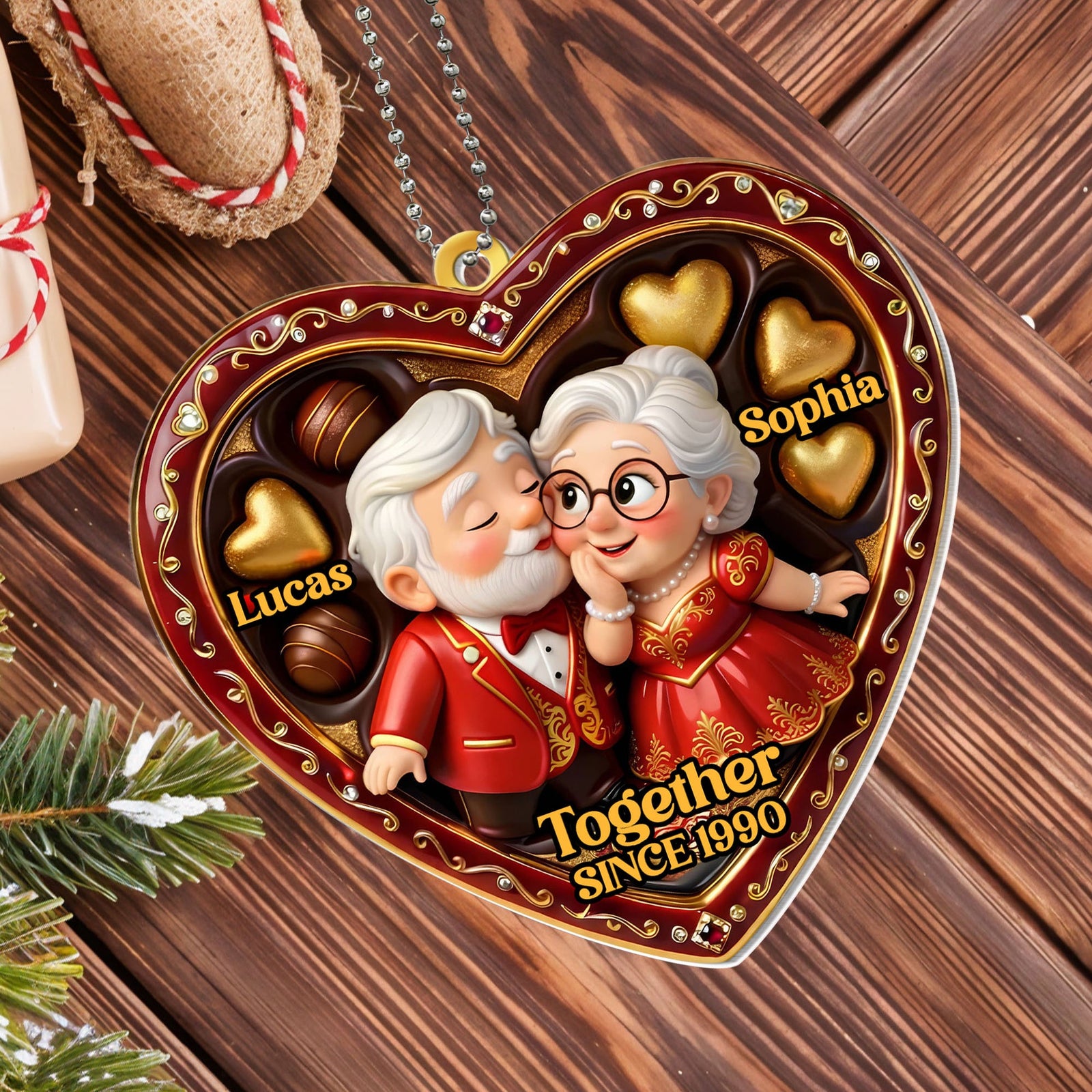 "Together Since [Year]" Heart Ornament With Elderly Couple – Personalized Gift For Grandparents & Couples
