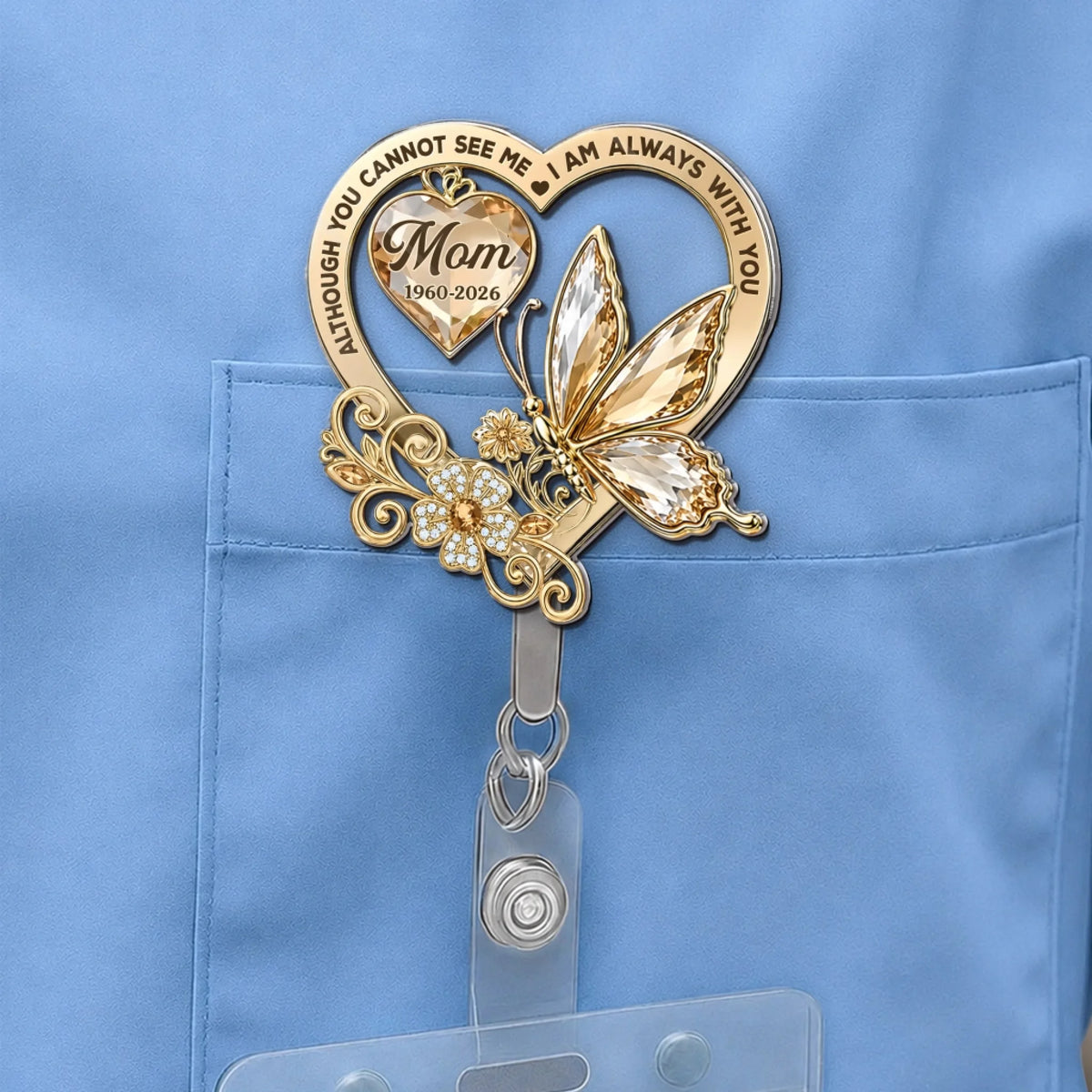 "Always In Our Heart" – Custom Photo Acrylic Badge Reel | Memorial Sympathy Gift For Loss Of Mom, Dad & Loved Ones