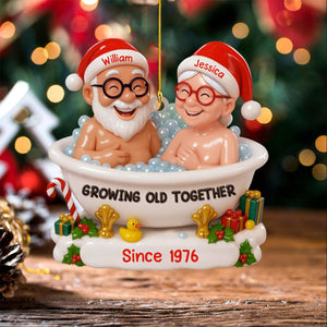 Growing Old Together With Santa Hats And bath,Custom Acrylic Ornament,Personalized Gift For Couples And Spouses