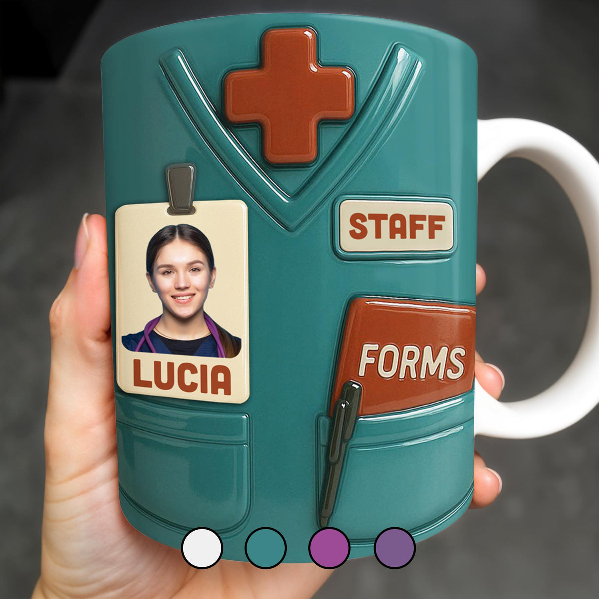 Celebrate Your Favorite Nurse, Medical Scrubs and ID Badge, Personalized Custom Coffee Mug