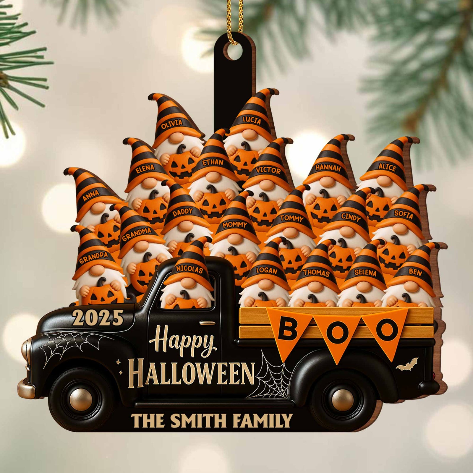 Happy Halloween Family Truck With Pumpkins, Personalized Custom Wood Ornamen