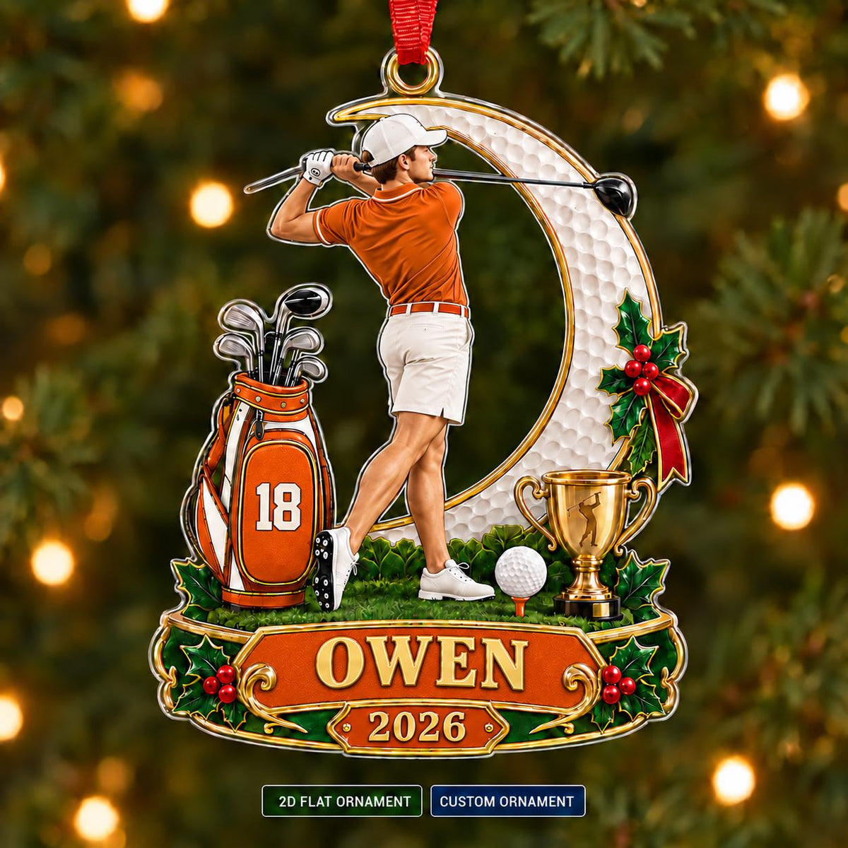 Personalized Male Golfer Christmas Ornament 2026 – Custom Name & Number Acrylic Keepsake | Golf Gift For Him