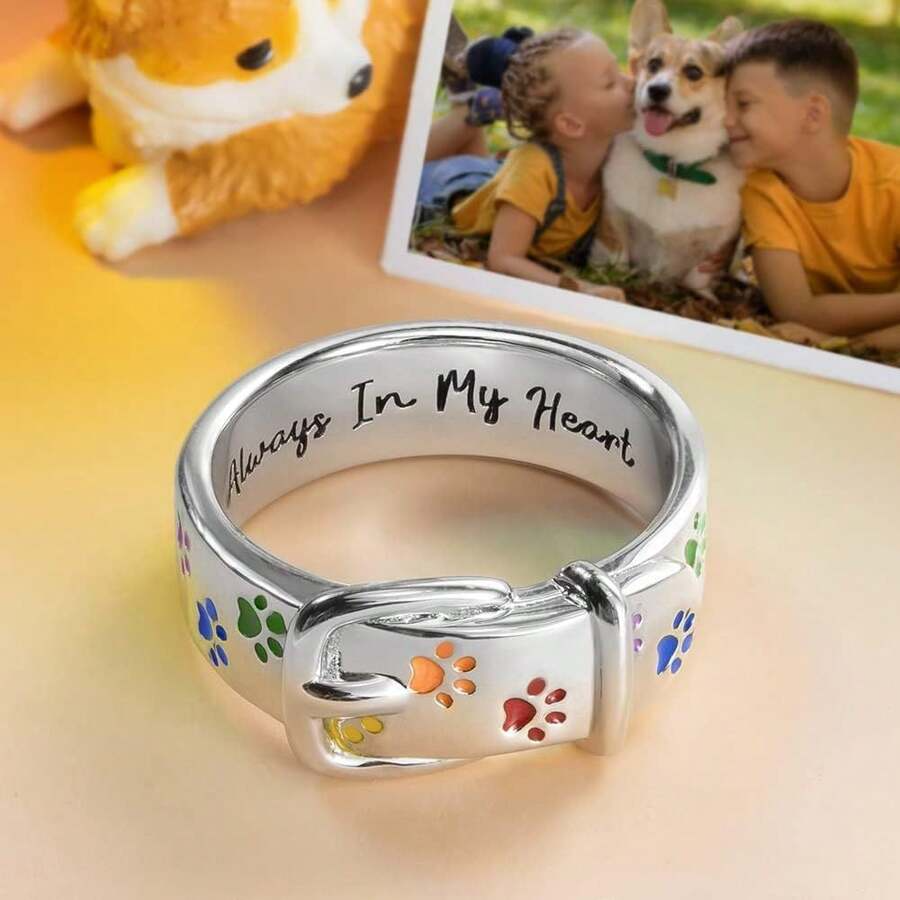 Always In My Heart, Colorful Paw Print Dog Collar-Shaped Ring