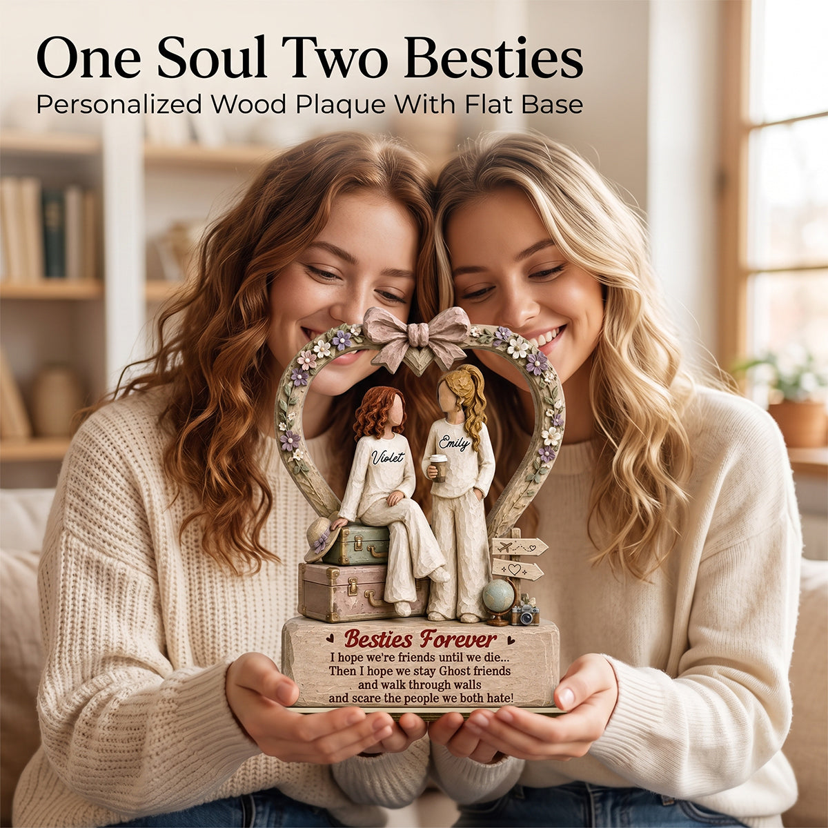 "One Soul, Two Besties" – Personalized Wood Plaque With Flat Base | Friendship Keepsake Gift