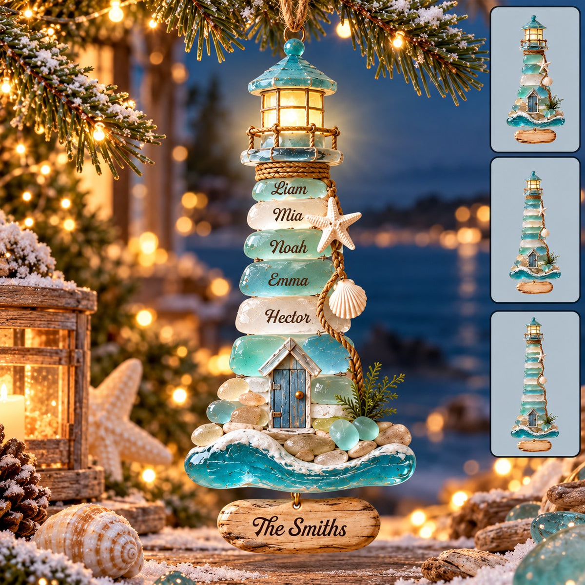 Personalized Coastal Lighthouse Christmas Ornament – Sea Glass–Inspired Family Keepsake | Gift For Beach Lovers