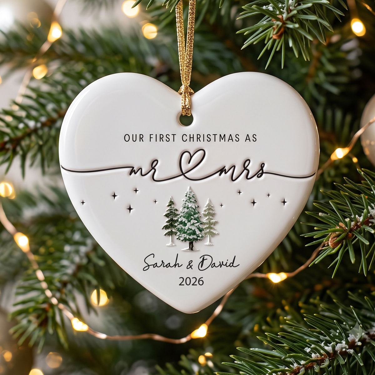 Personalized "Our First Christmas As Mr. & Mrs." Heart Ceramic Ornament – Custom Couple Names & Year | Minimalist Newlywed Keepsake