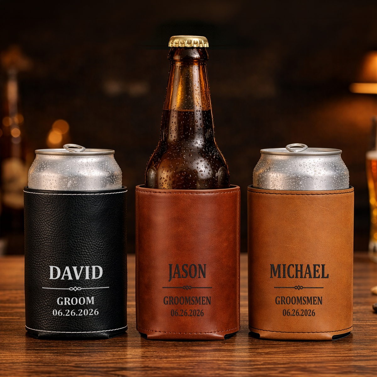Wedding Party Favor – Personalized Engraved Can Cooler With Name & Date