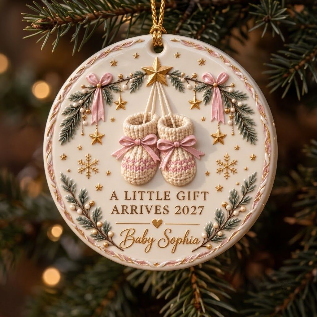 Personalized "A Little Gift Arrives 2027" Ornament – Custom Baby Name Knit Booties Pregnancy Announcement Keepsake In Pink for Christmas