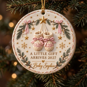 Personalized "A Little Gift Arrives 2027" Ornament – Custom Baby Name Knit Booties Pregnancy Announcement Keepsake In Pink for Christmas
