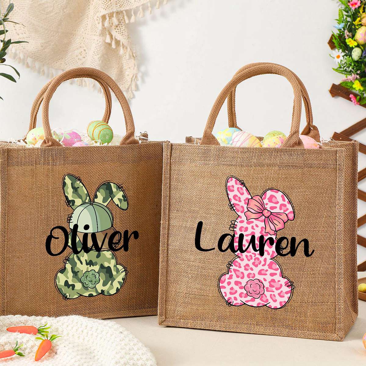Personalized Easter Bunny Jute bag With Name, Kids Egg Hunt Bags, Easter Basket, Easter Gift Bags