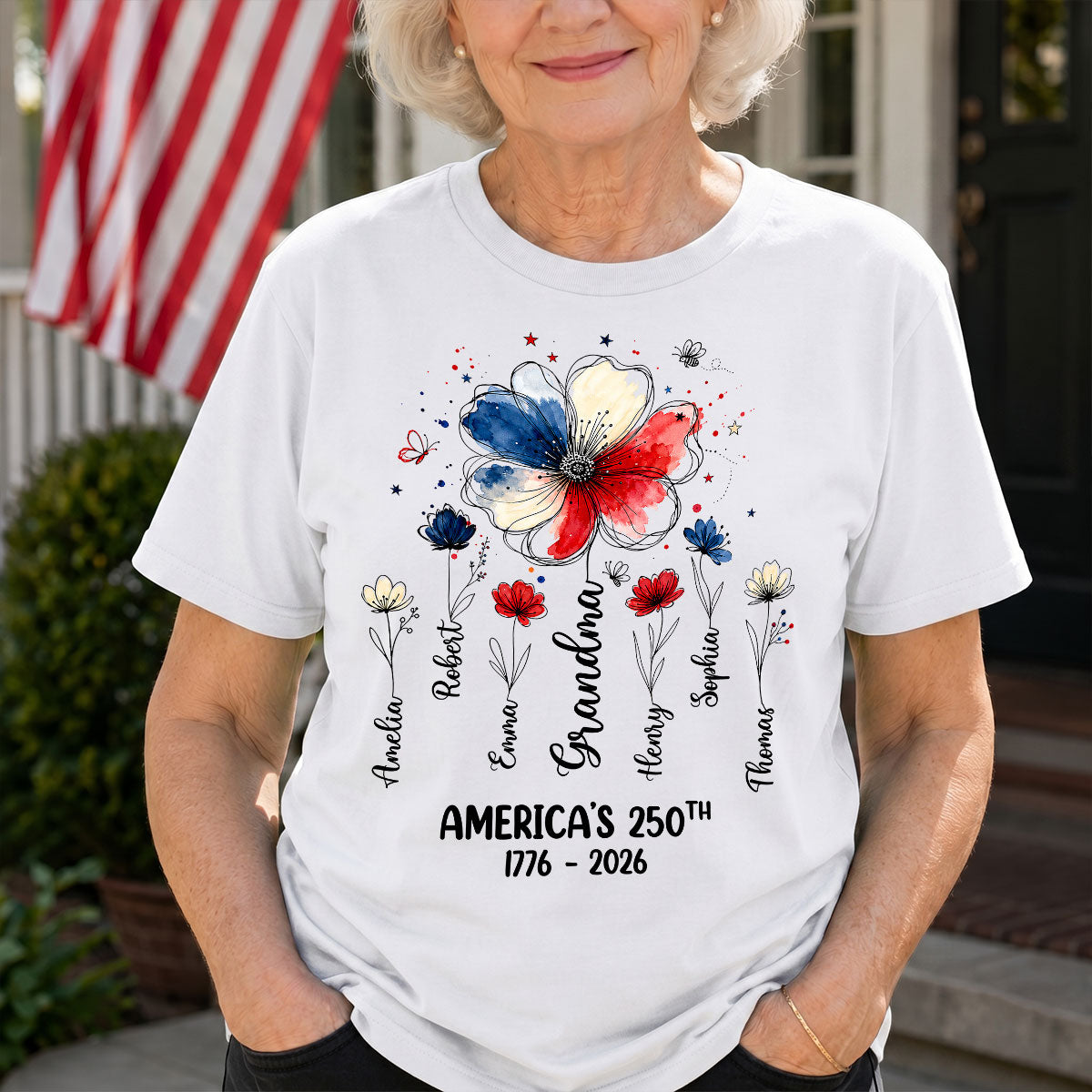 Personalized "Proud Mom & Grandma" Shirt – American 250th Anniversary Flowers | Gift For Mom & Grandma