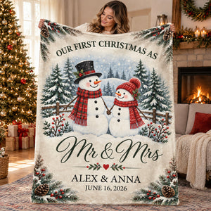 Snowman Couple First Christmas Personalized Blanket – Cozy Fireplace First Christmas Couple Keepsake