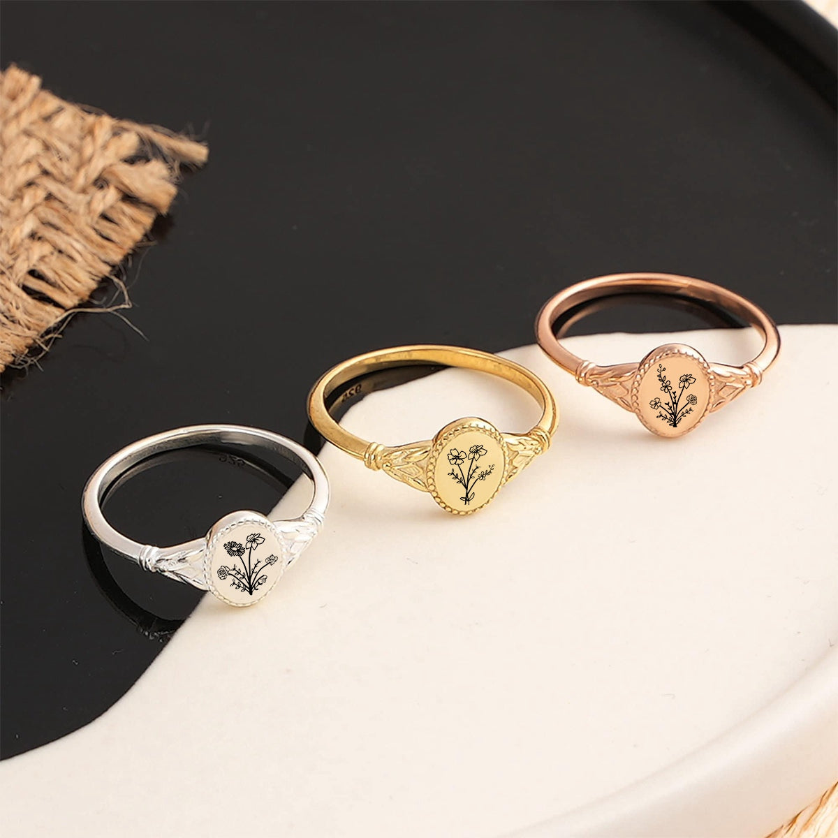 Personalized Ellipsoid Birth FlowerRing, Custom Mother Floral Ring for Women