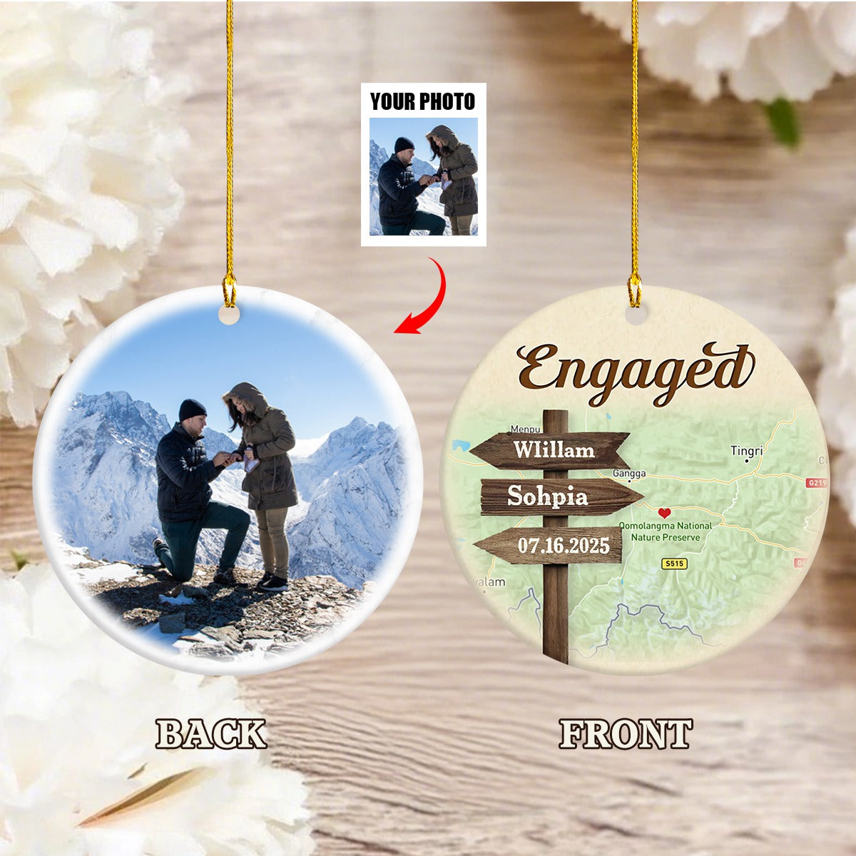 Personalized Signpost Location Map Engagement Ornament - Anniversary Gift For Couples