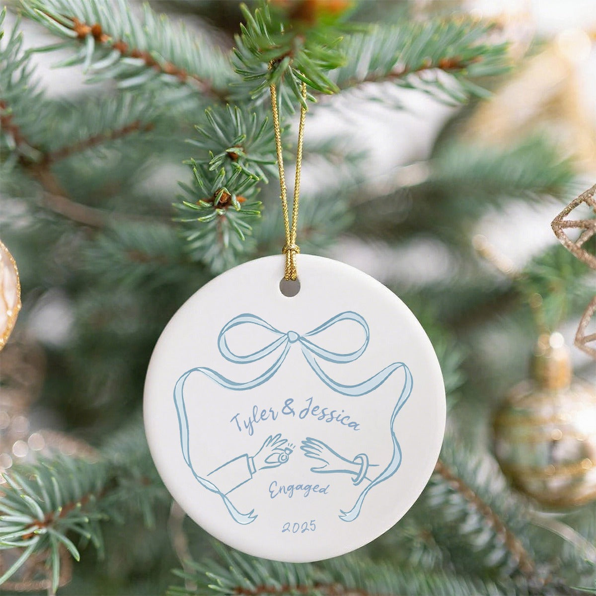 First Christmas Engaged Ceramic Ornament, Personalized Engagement Gift for Couples