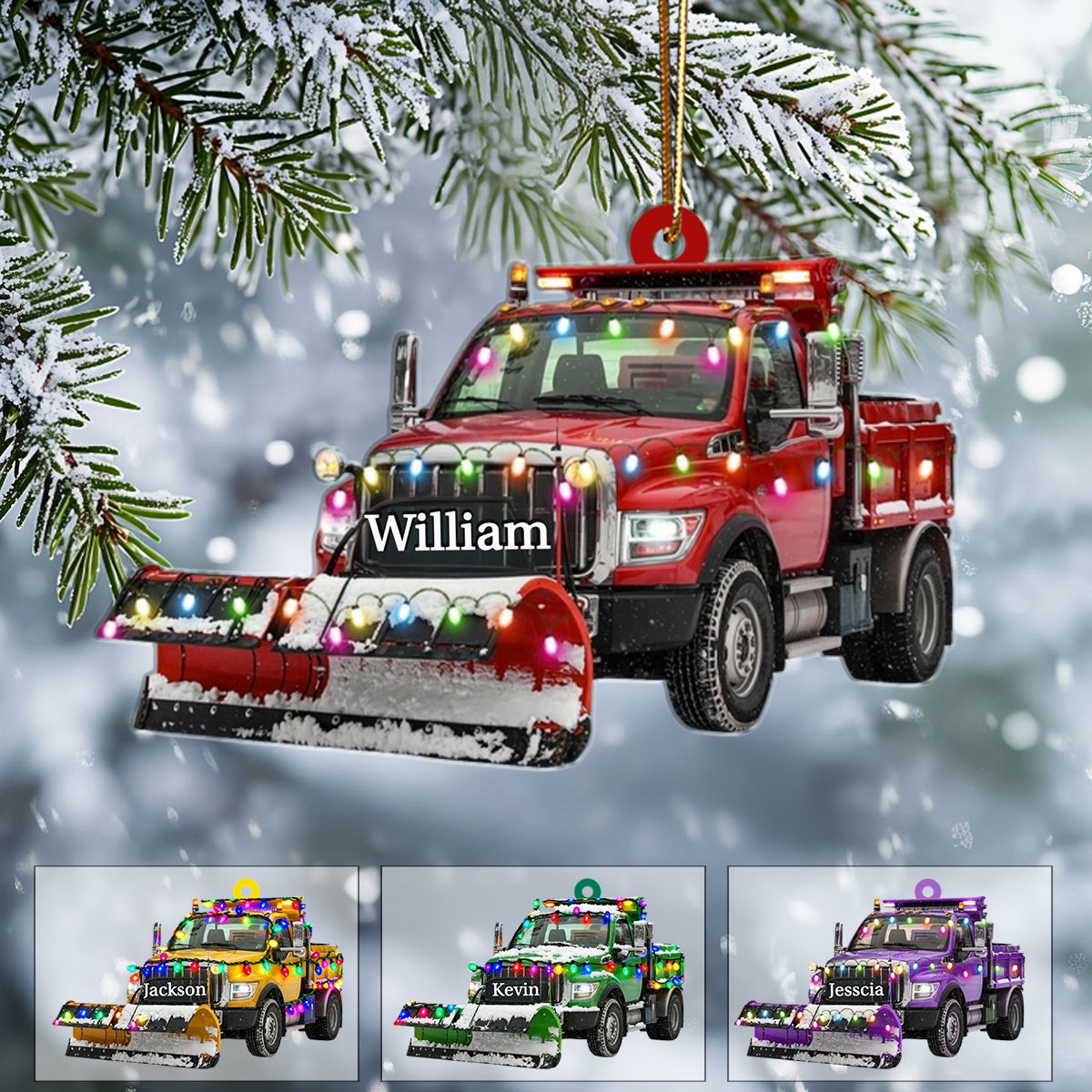 Personalized Snow Blower Truck Ornament, Christmas Light Ornament