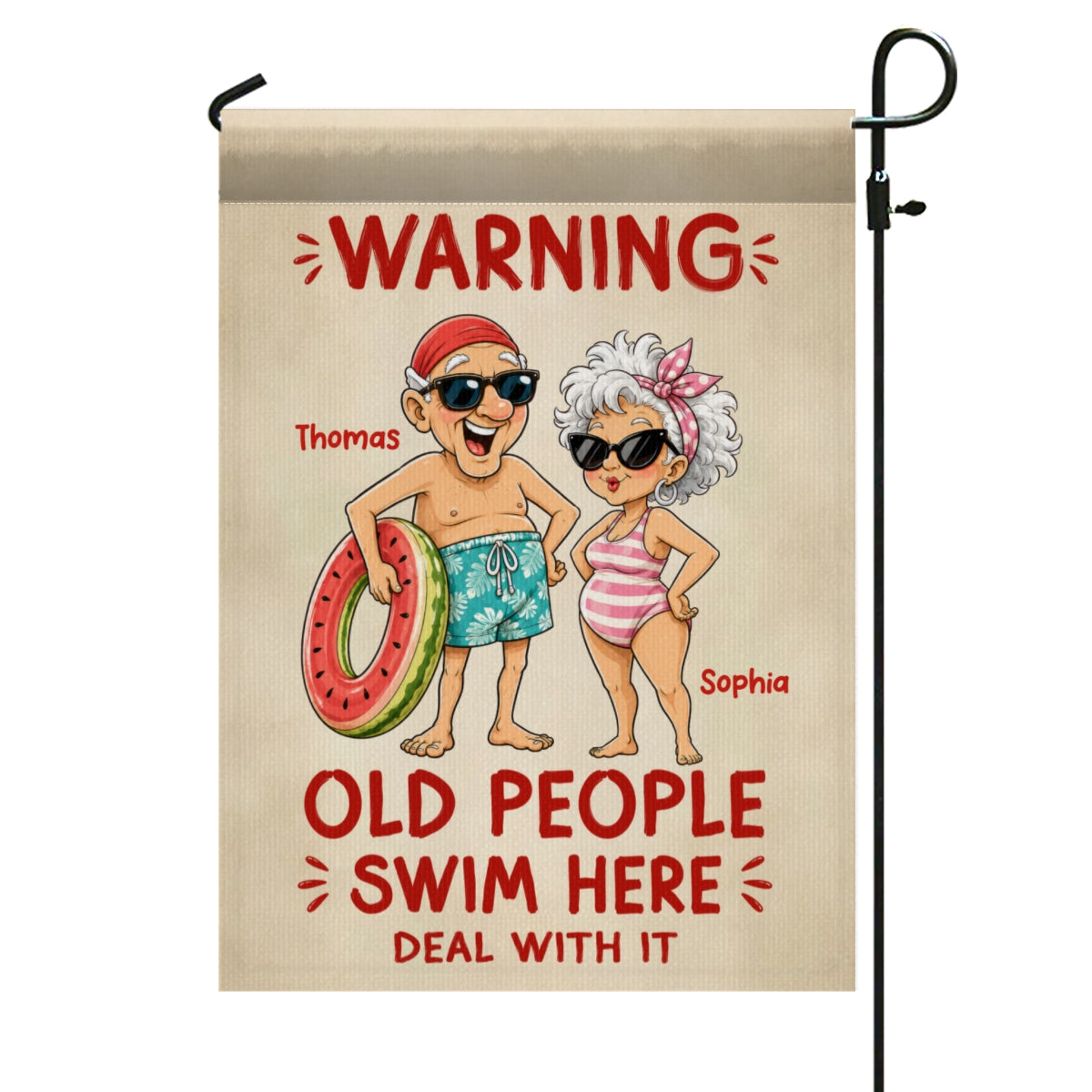 Funny Vintage Pool Decor – Personalized "Warning: Old People Swim Here" Pool Flag
