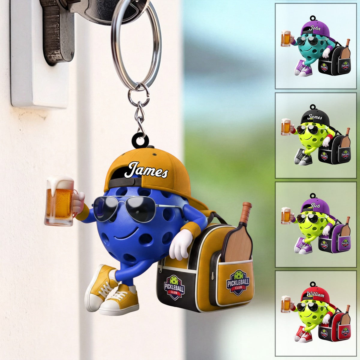 Post‑Game Beer Toast With Bag Design Keychain - Personalized Cool Pickleball Ball Mascot Keychain