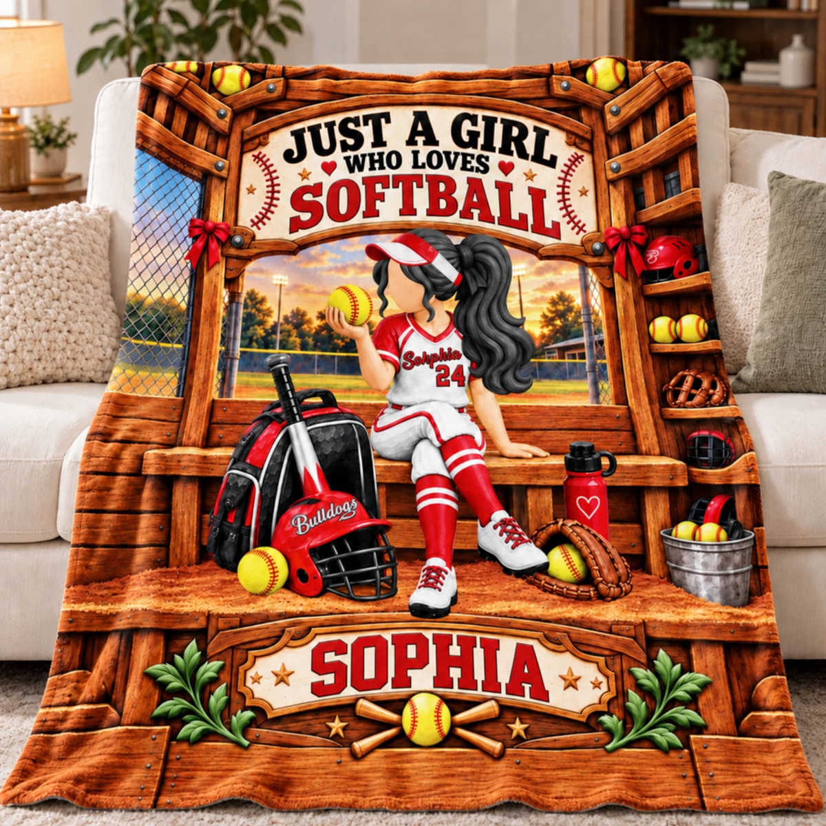 "Just A Girl Who Loves Softball" Personalized Softball Blanket – Custom Player Name Gift For Softball Players & Softball Lovers