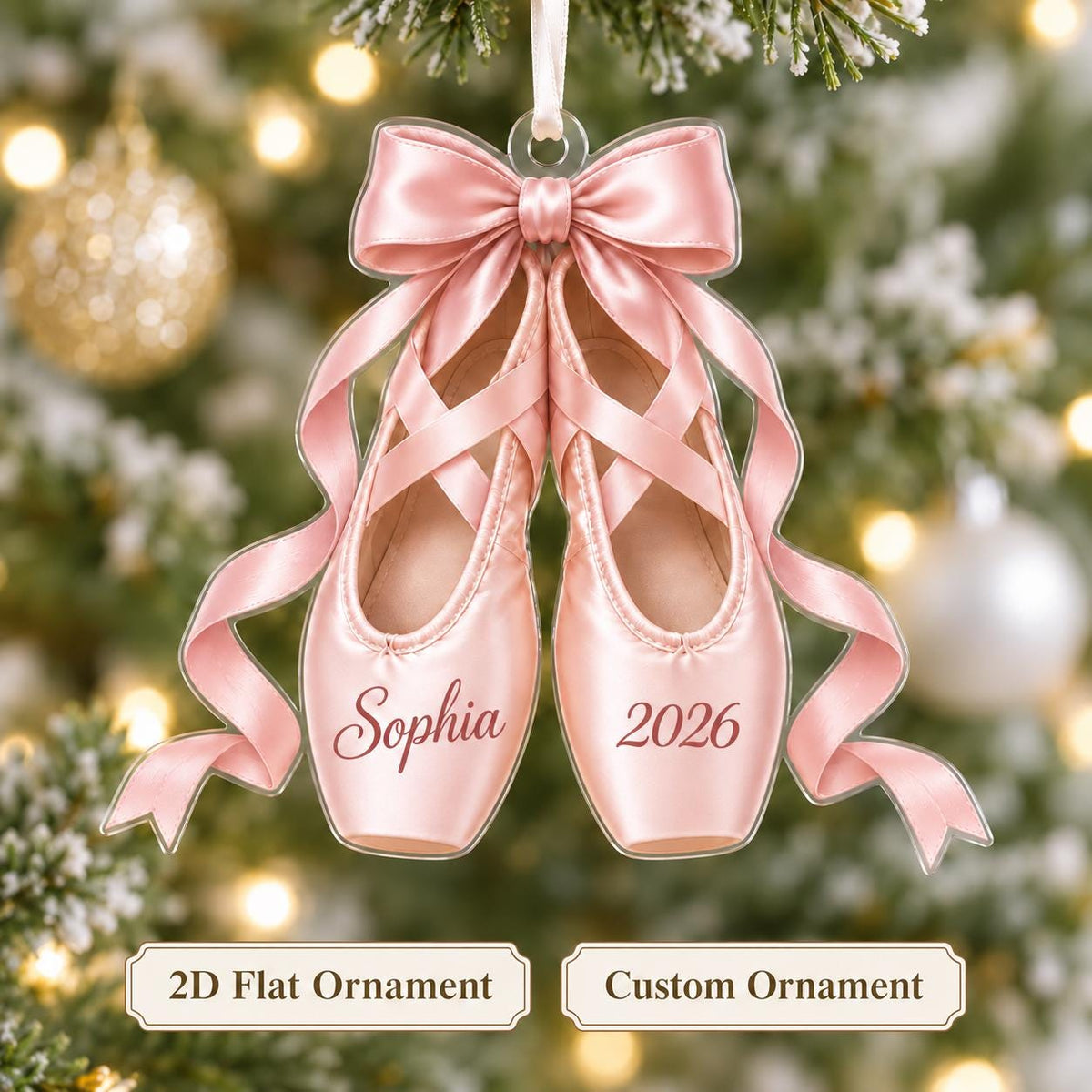 Personalized Ballet Pointe Shoes Christmas Ornament 2026 – Custom Name, Bow & Ribbon Acrylic Keepsake | Ballerina Recital Gift