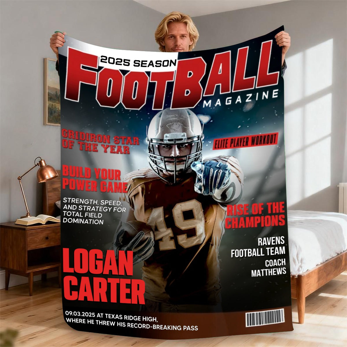 Personalized Football Magazine Cover  Blanket, Football Player Gift, Football America Gifts