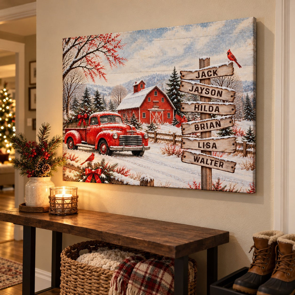Personalized Vintage Red Truck Family Names Canvas Poster, Custom Winter Barn Snow Scene Wall Art