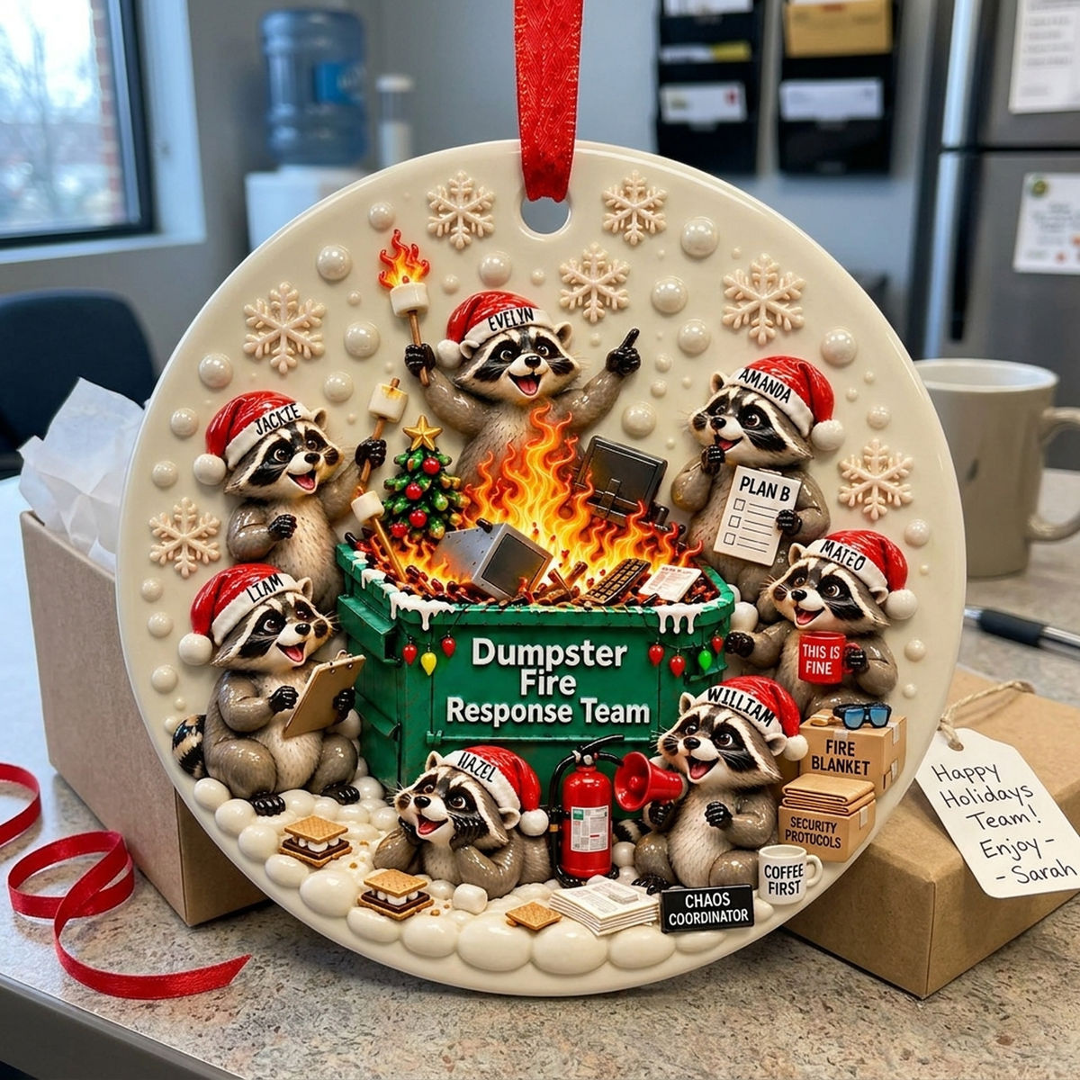 Personalized Dumpster Fire Response Team Ceramic Ornament – Custom 10 Names Raccoon Keepsake | Coworker, Work Bestie & Secret Santa Gift
