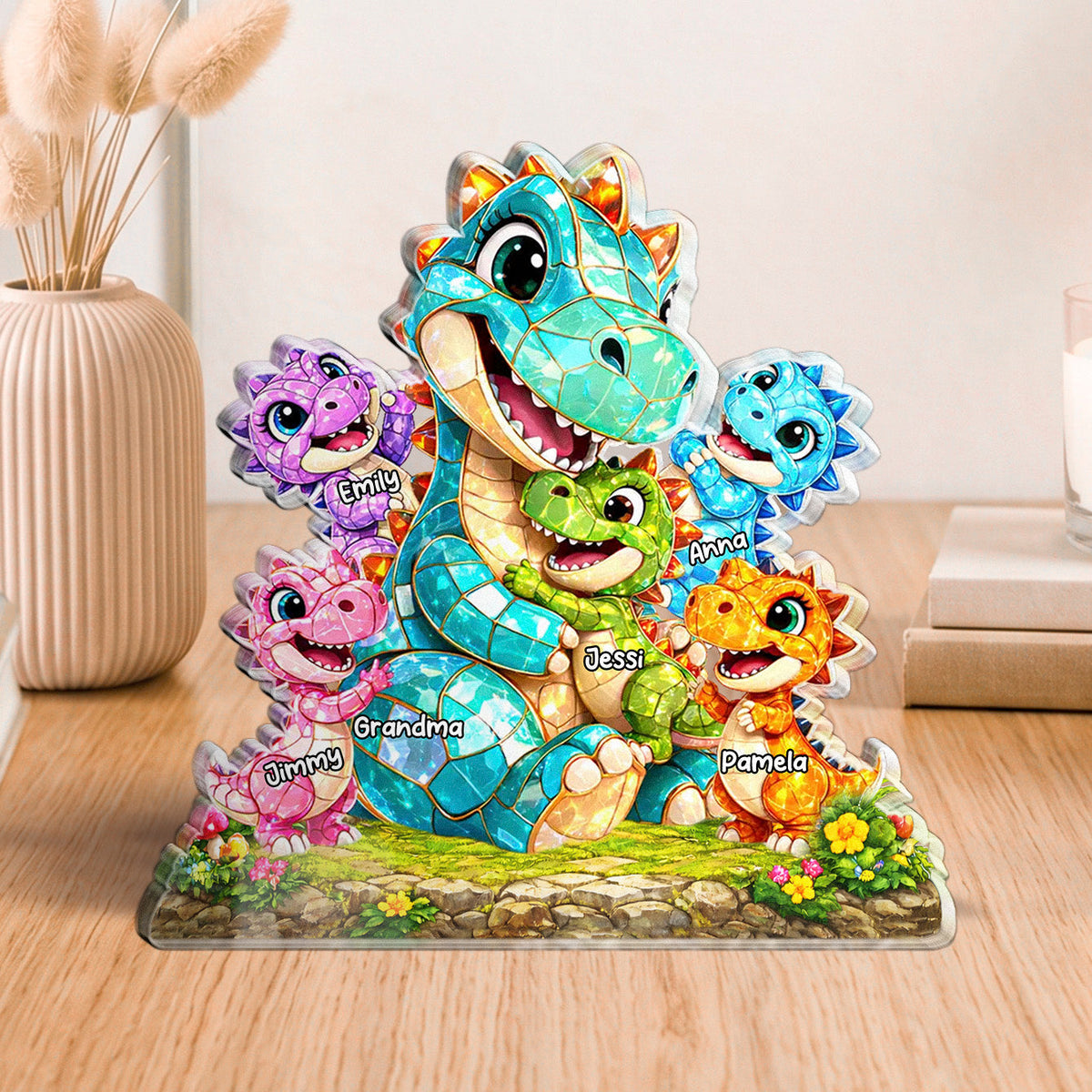 Family Keepsake Gift – Personalized "Happy Dino Family" Custom Shape Acrylic Plaque