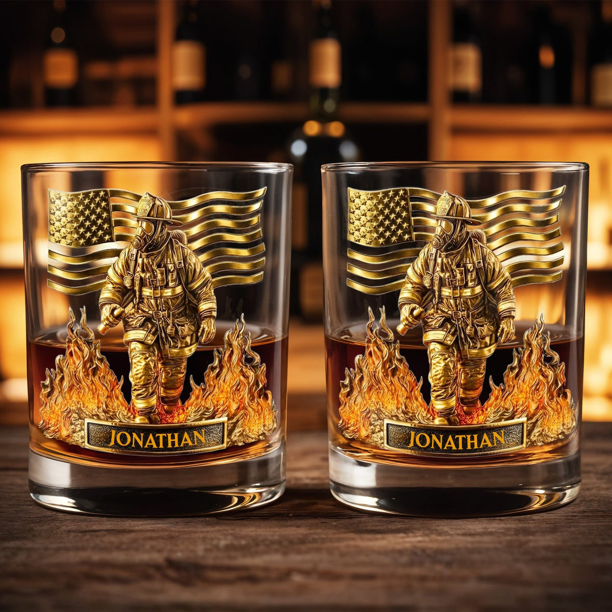 Personalized Firefighter & American Flag Whiskey Glass – "Celebrate Our Heroes" | Gift For Firefighters