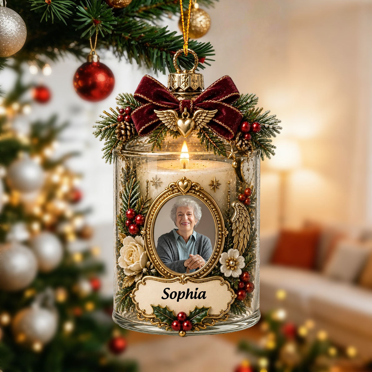 Personalized Vintage Candle Shape Memorial Ornament Custom Photo Christmas Gift For Loved Ones