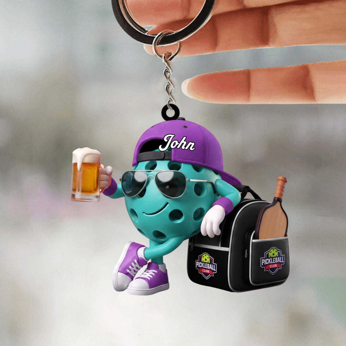 Post‑Game Beer Toast With Bag Design Keychain - Personalized Cool Pickleball Ball Mascot Keychain