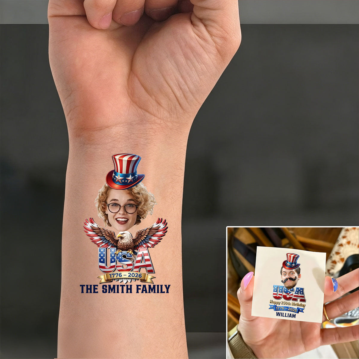 Custom Party Tattoo- Personalized America 250th Anniversary Gifts For Mom, Dad, Brother, Sister, Kids