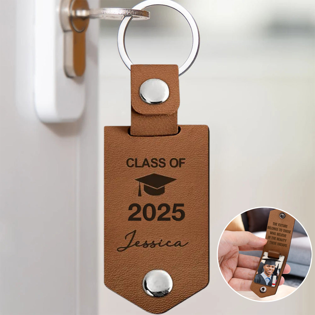 Let The Journey Begin Graduation Gift - Personalized Leather Photo Keychain