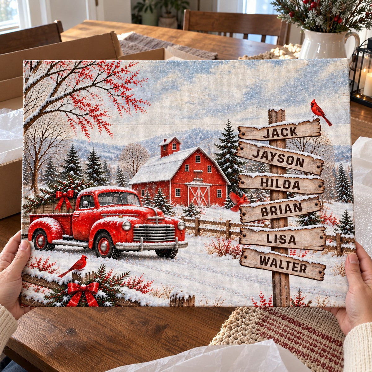 Personalized Vintage Red Truck Family Names Canvas Poster, Custom Winter Barn Snow Scene Wall Art
