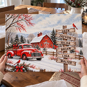 Personalized Vintage Red Truck Family Names Canvas Poster, Custom Winter Barn Snow Scene Wall Art