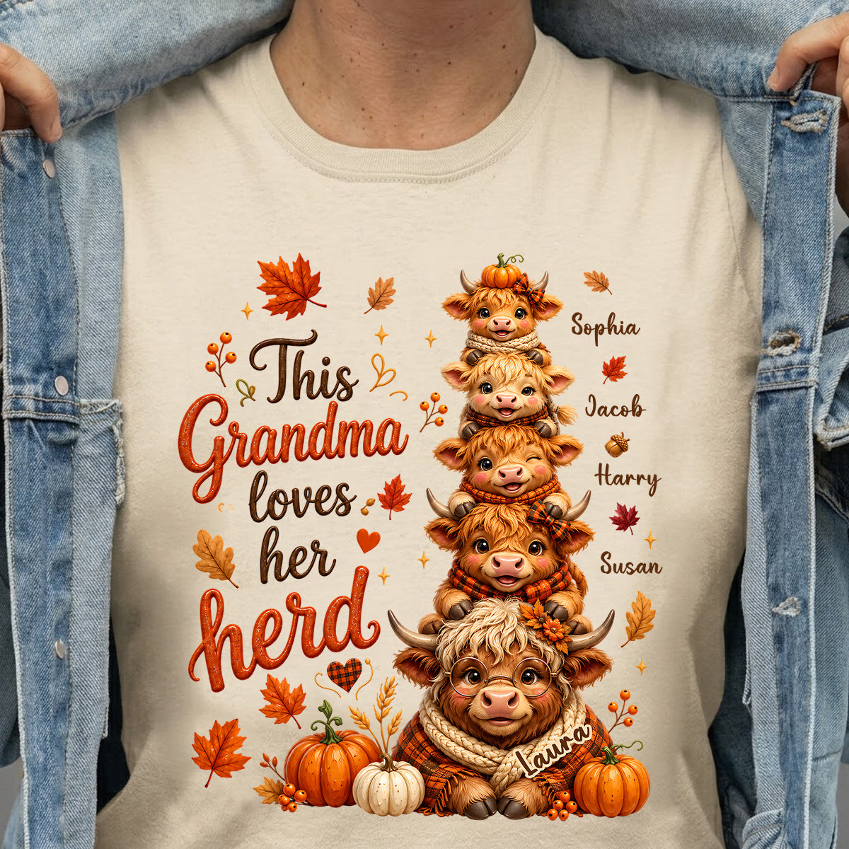 Personalized Grandma & Grandkids Highland Cow T-Shirt – Gift For Grandma