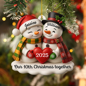 Our Christmas Together, Snowmen With Hearts and Holly, Personalized Acrylic Ornament, Gift for Couples and Family